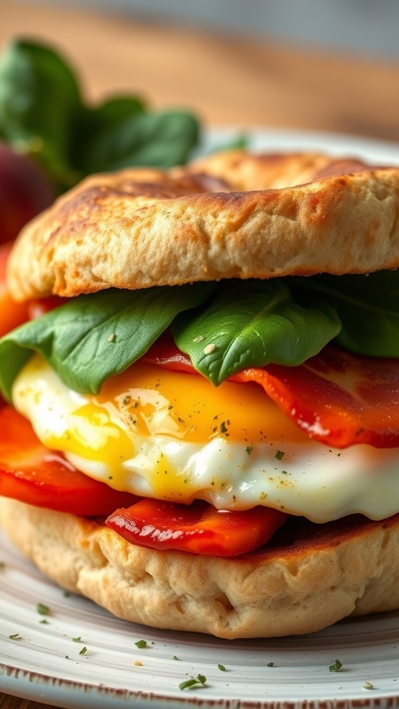 A breakfast sandwich with oven-baked eggs, bacon, and spinach on a toasted English muffin, served with fruit.